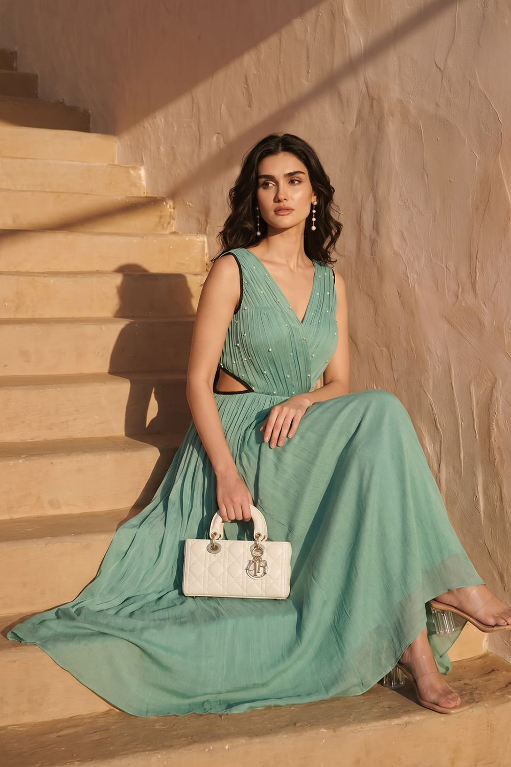 Sage Green Pearl Embellished Maxi Dress Green