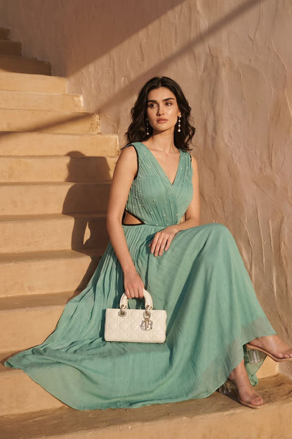 Sage Green Pearl Embellished Maxi Dress Green