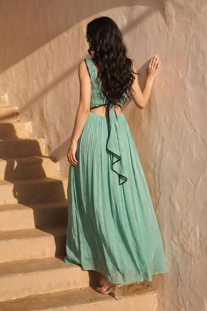 Sage Green Pearl Embellished Maxi Dress Green