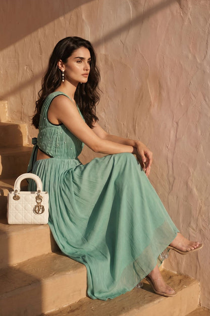 Sage Green Pearl Embellished Maxi Dress Green