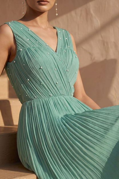 Sage Green Pearl Embellished Maxi Dress Green