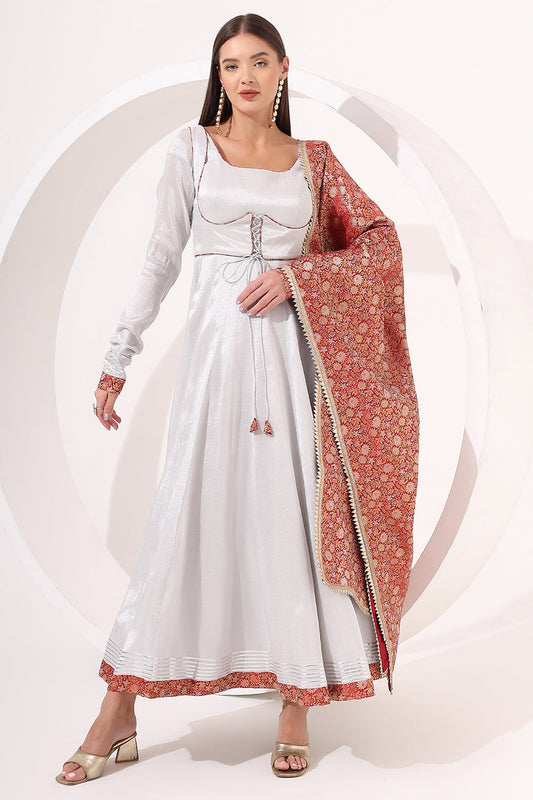 Silver Anarkali with Brocade Dupatta