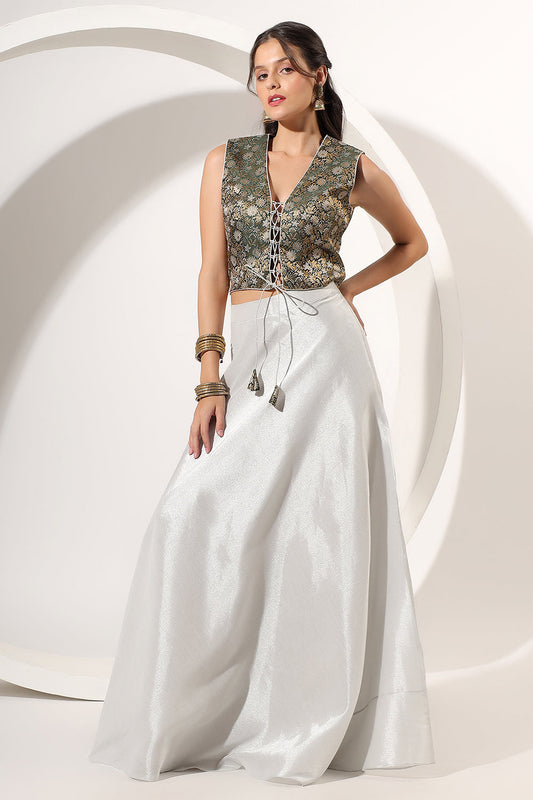SIlver Skirt Set with Green Brocade Crop Top