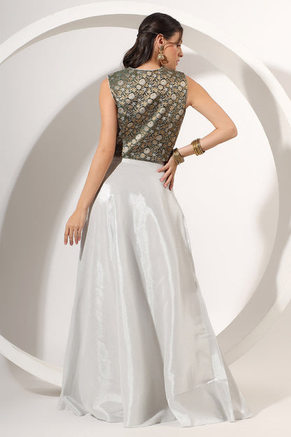 SIlver Skirt Set with Green Brocade Crop Top