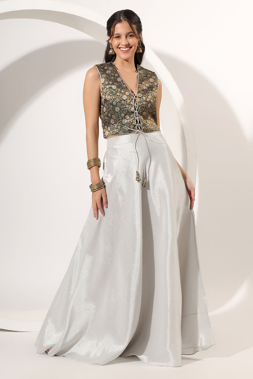 SIlver Skirt Set with Green Brocade Crop Top