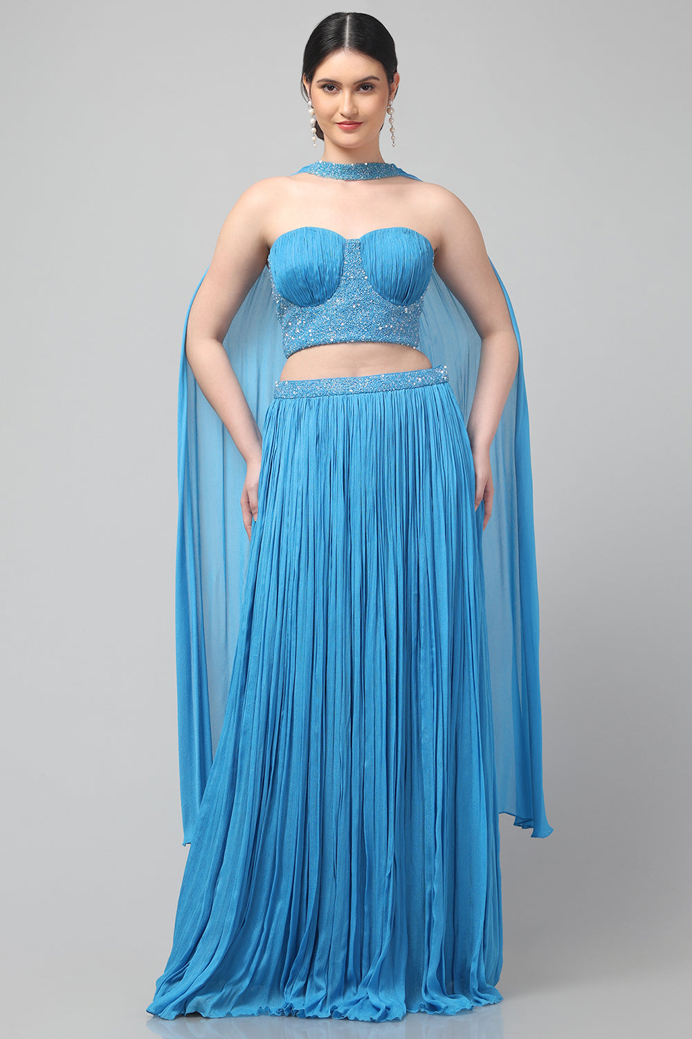 Sky-blue Corset with pleated Skirt & Dupatta