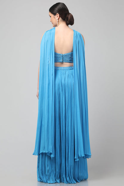 Sky-blue Corset with pleated Skirt & Dupatta