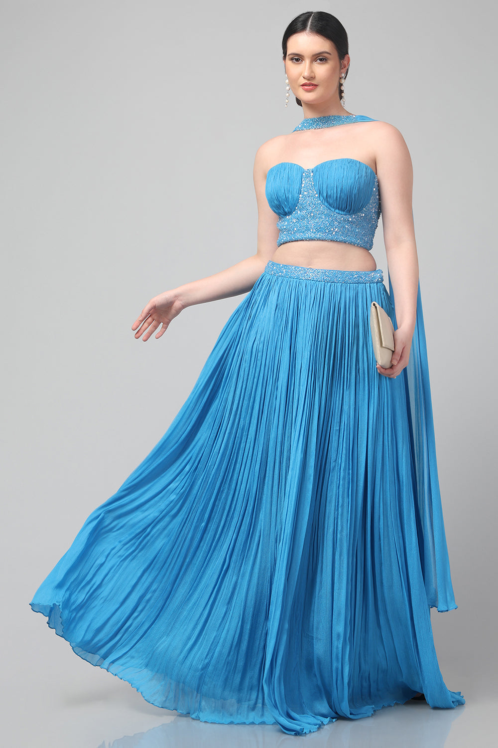 Sky-blue Corset with pleated Skirt & Dupatta