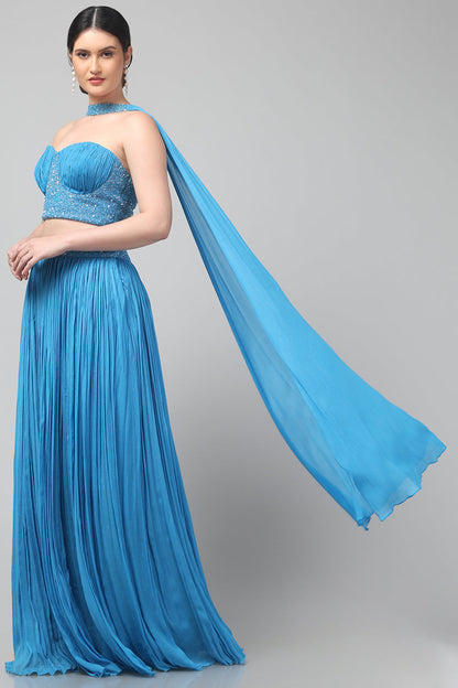 Sky-blue Corset with pleated Skirt & Dupatta