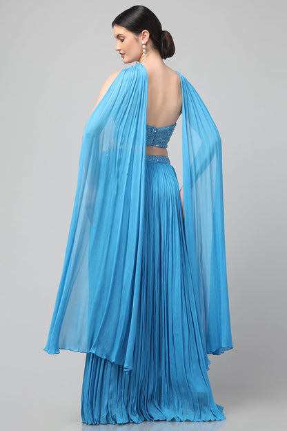 Sky-blue Corset with pleated Skirt & Dupatta