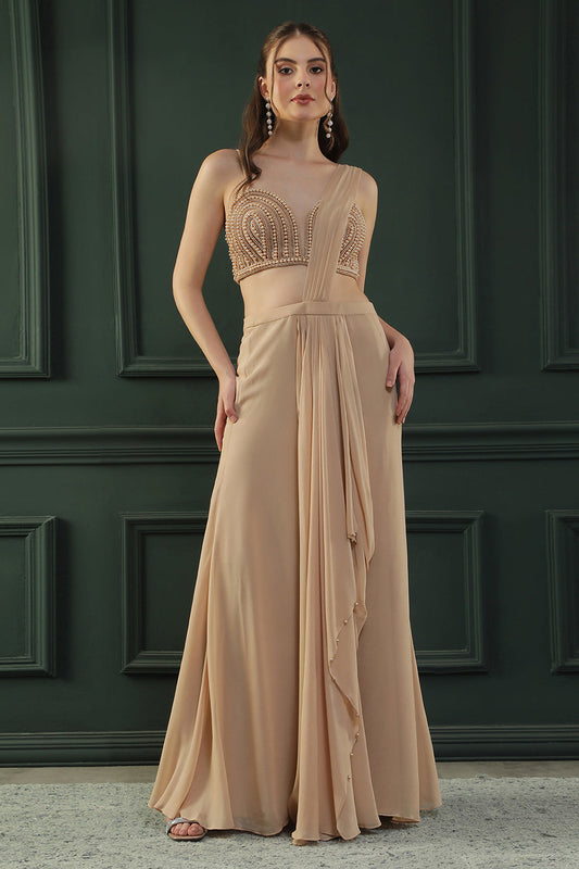 Tan Brown Pearl Pre-Drape Saree