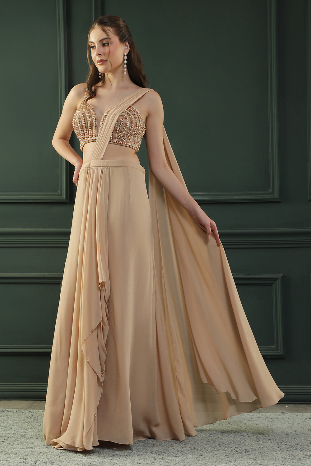 Tan Brown Pearl Pre-Drape Saree