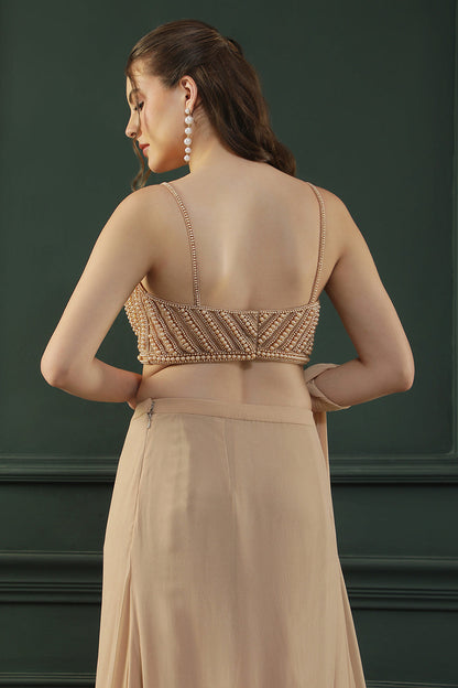 Tan Brown Pearl Pre-Drape Saree