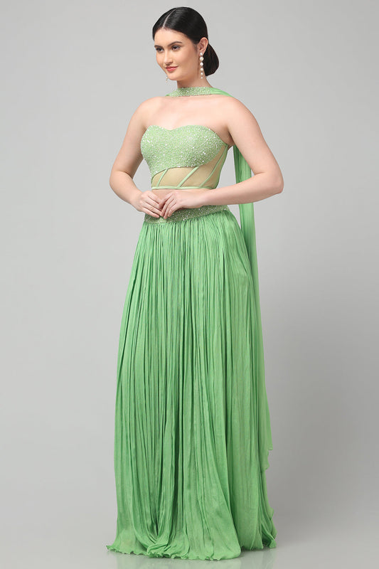 Tea-Green Corset with pleated Skirt & Dupatta