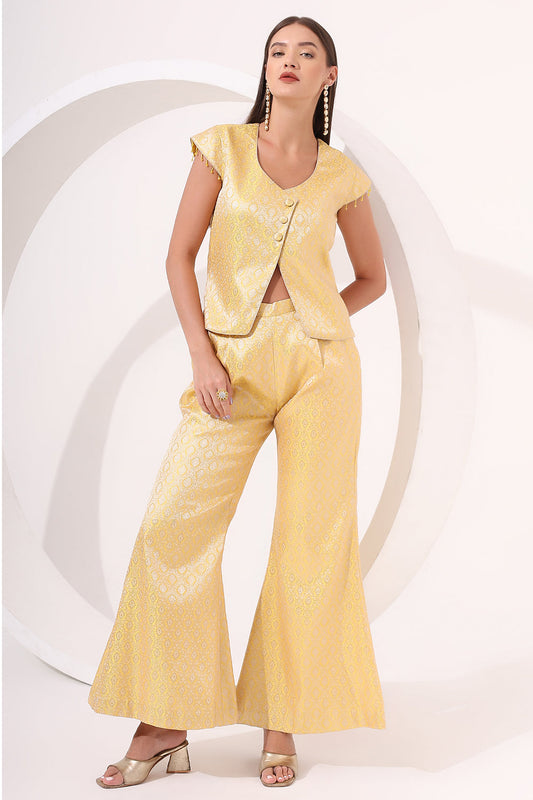 Yellow Brocade Cap Sleeve Co-Ord Set