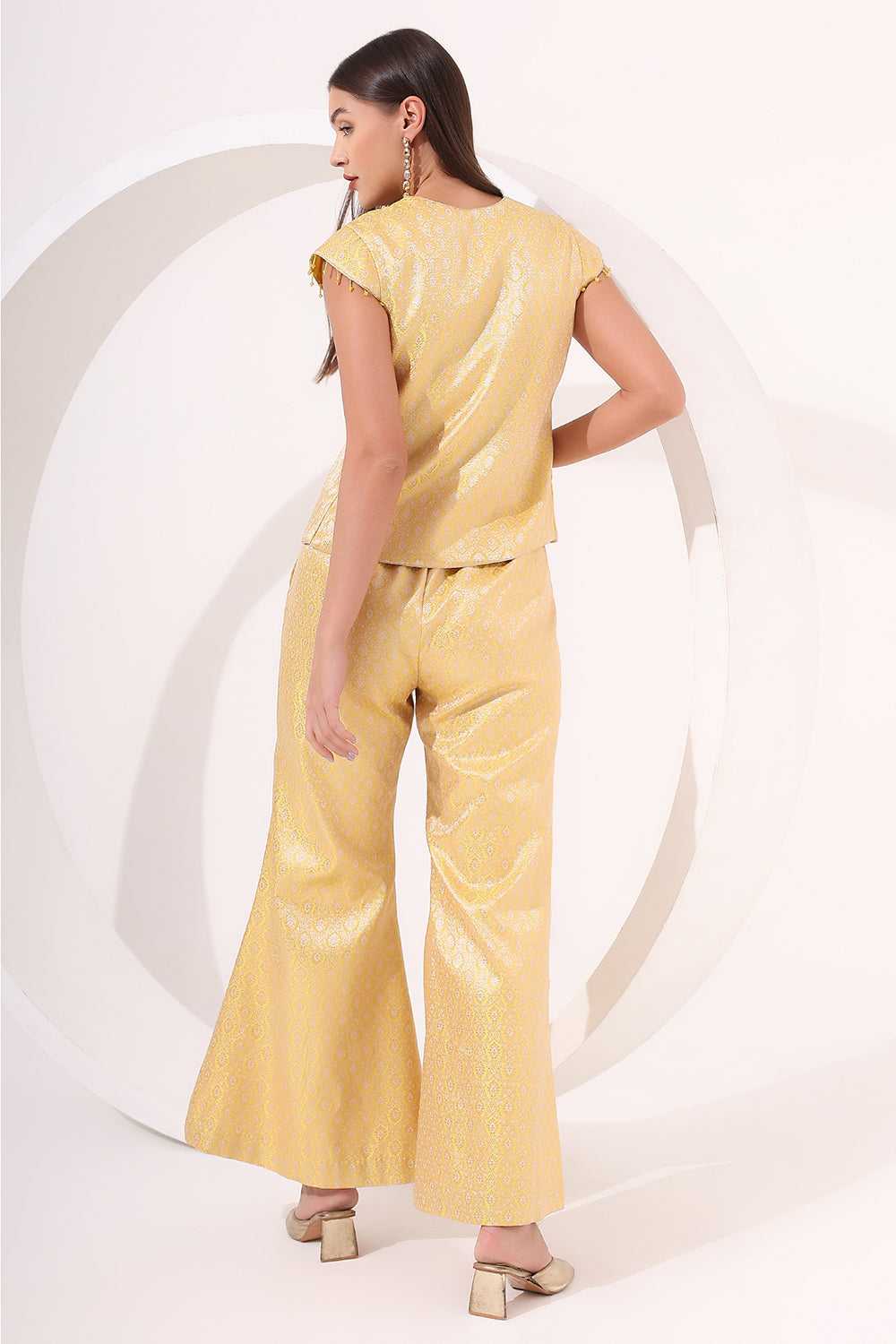Yellow Brocade Cap Sleeve Co-Ord Set