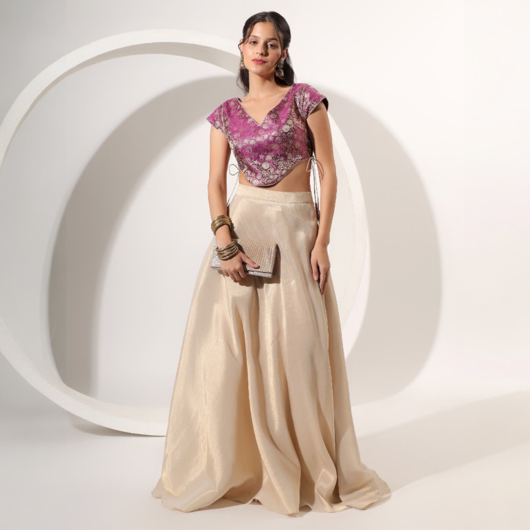 Gold Skirt Set with Brocade Crop Top