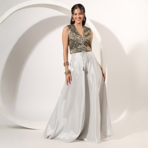 SIlver Skirt Set with Green Brocade Crop Top