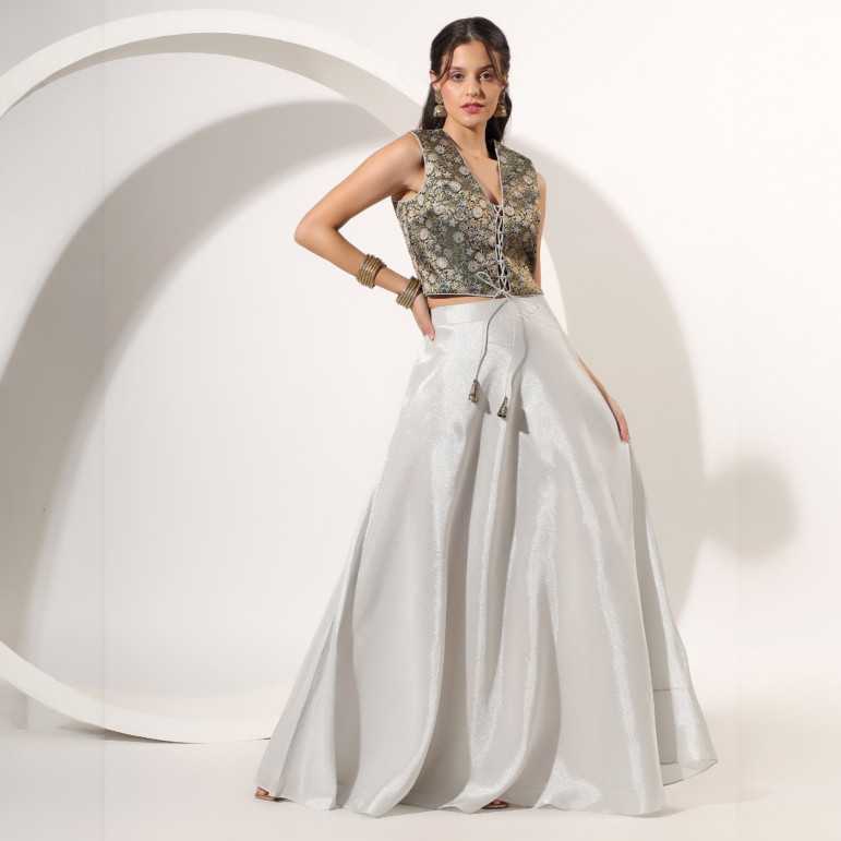 SIlver Skirt Set with Green Brocade Crop Top