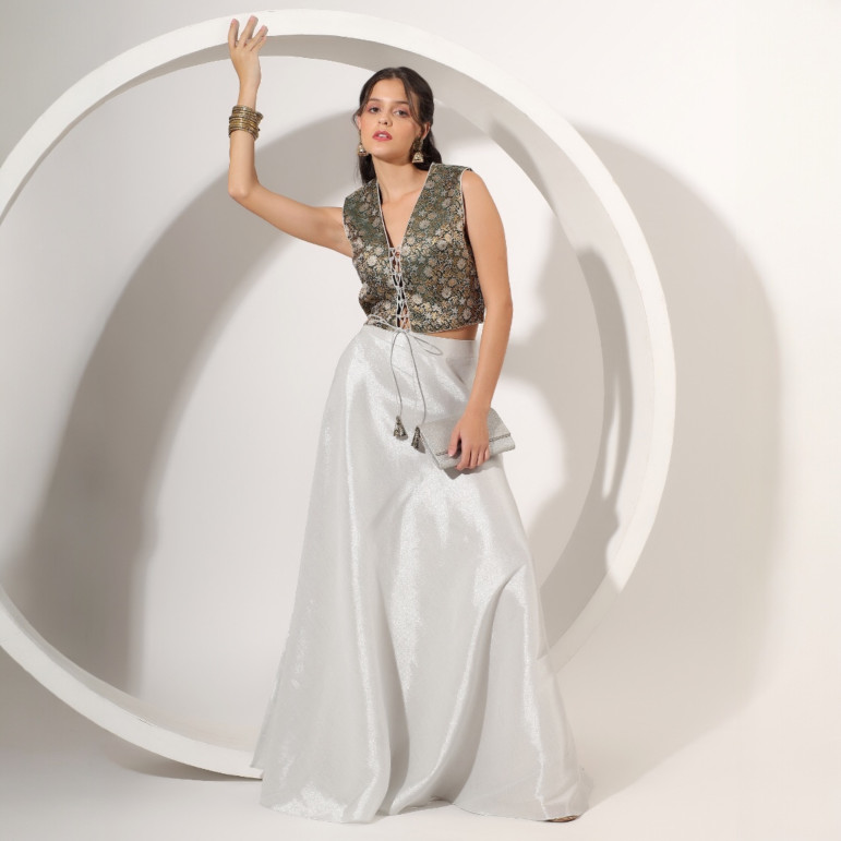 SIlver Skirt Set with Green Brocade Crop Top