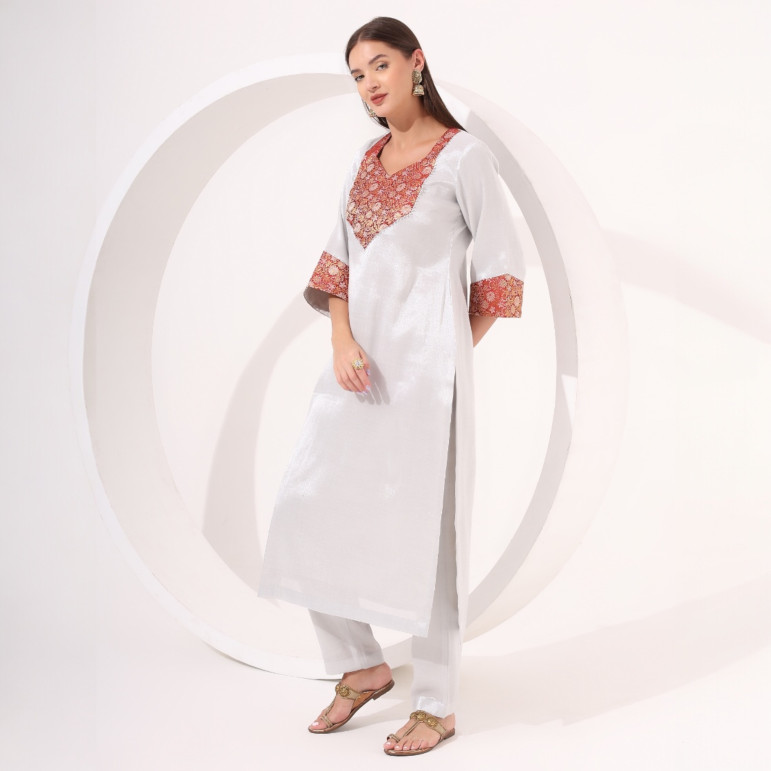 Silver Tissue Straight Kurta Set