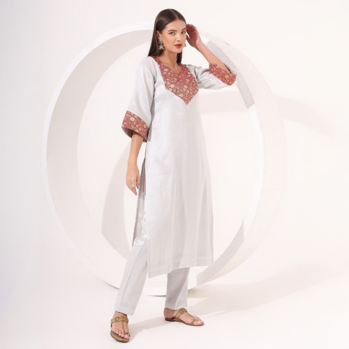 Silver Tissue Straight Kurta Set