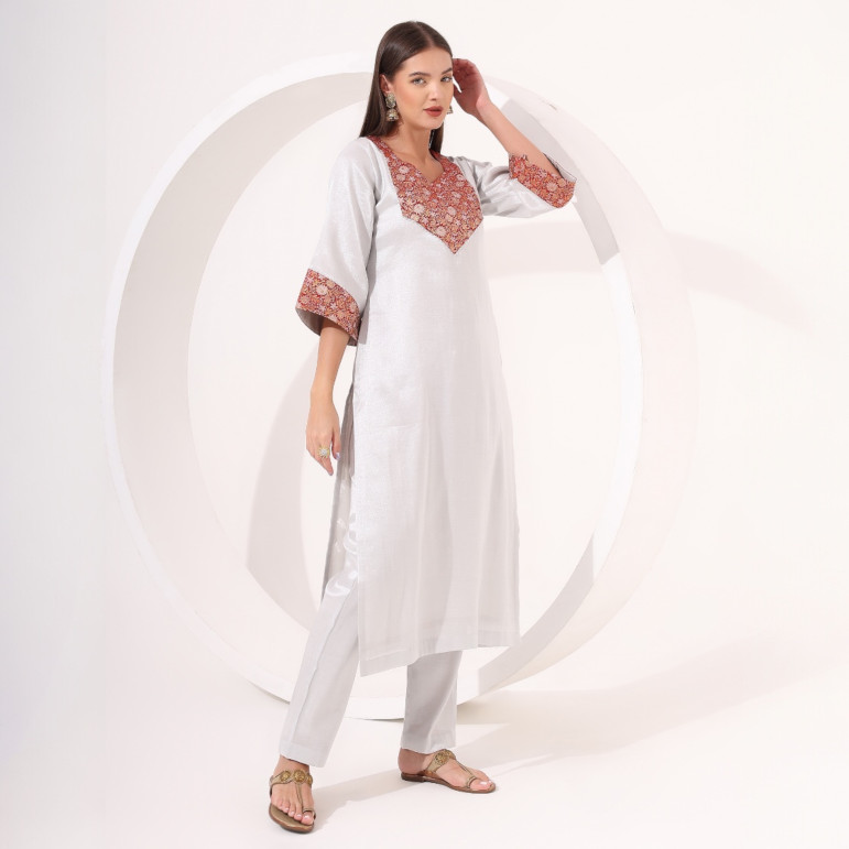 Silver Tissue Straight Kurta Set