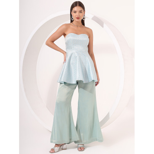 Ice Blue Strapless Brocade Peplum Set