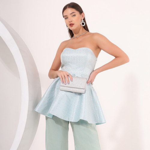 Ice Blue Strapless Brocade Peplum Set