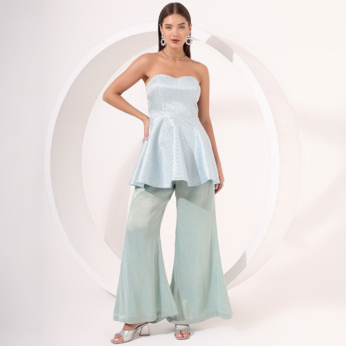 Ice Blue Strapless Brocade Peplum Set