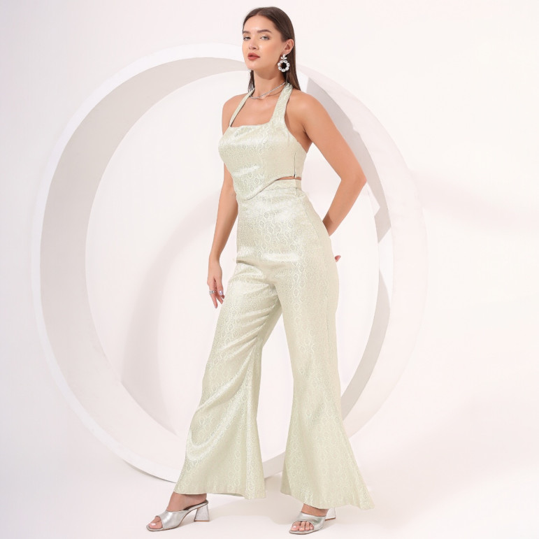 Mint Green Brocade Halter Neck Co-Ord Set