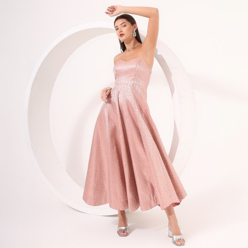 Peach Strapless Brocade Anarkali Gown