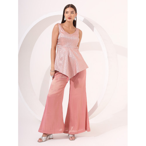 Peach Ayssmetrical Brocade Peplum Set