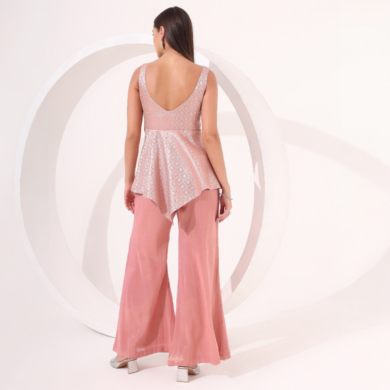 Peach Ayssmetrical Brocade Peplum Set