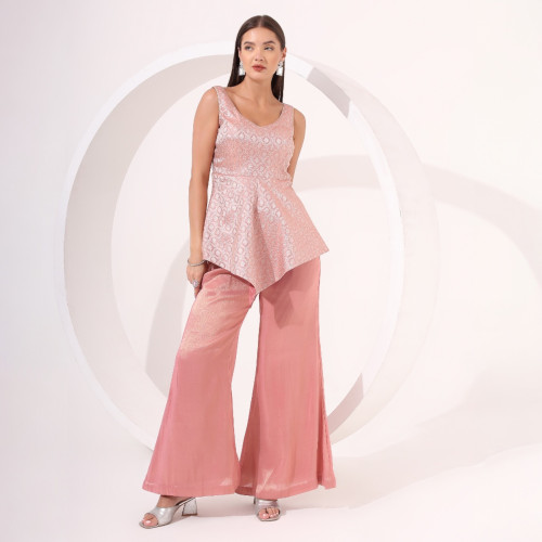 Peach Ayssmetrical Brocade Peplum Set