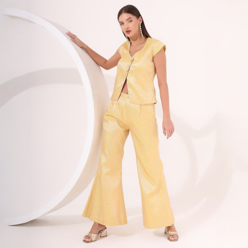 Yellow Brocade Cap Sleeve Co-Ord Set