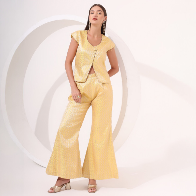 Yellow Brocade Cap Sleeve Co-Ord Set