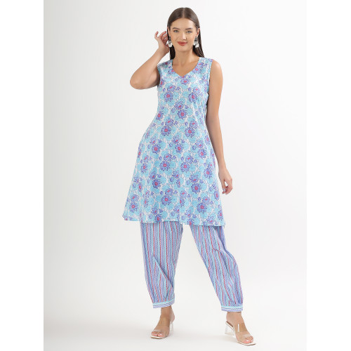 Blue Floral Print Sleeveless A-line Kurta set