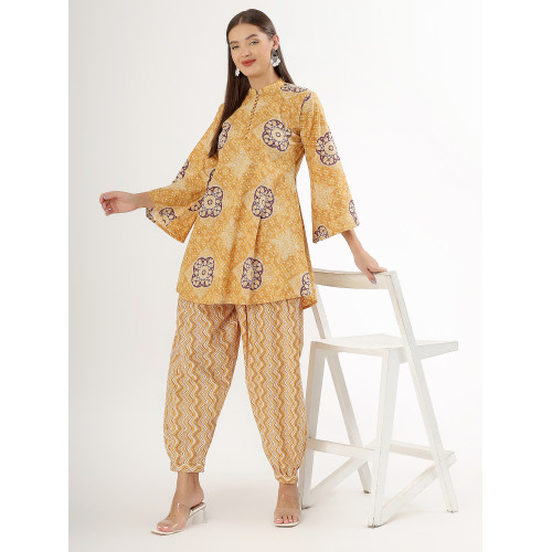 Mustard Floral Print Long Sleeve Kurta Set