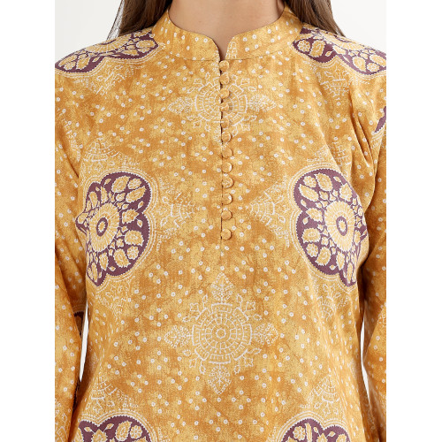 Mustard Floral Print Long Sleeve Kurta Set